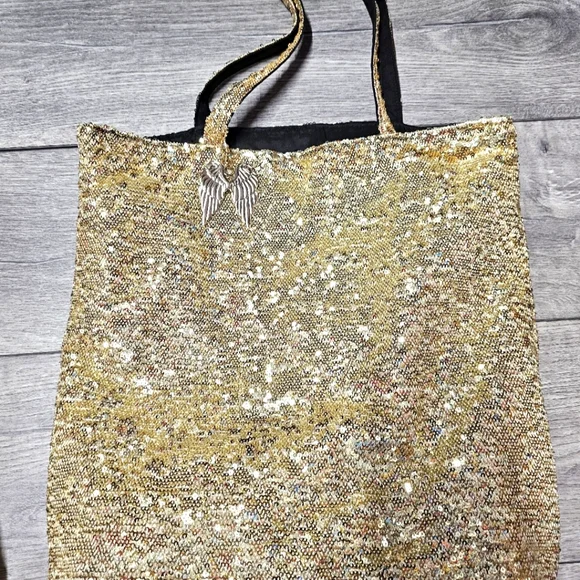 Victorias Secret Gold Sequin Tote Bag With  ANGEL Wings Purse Charm - Picture 2 of 12